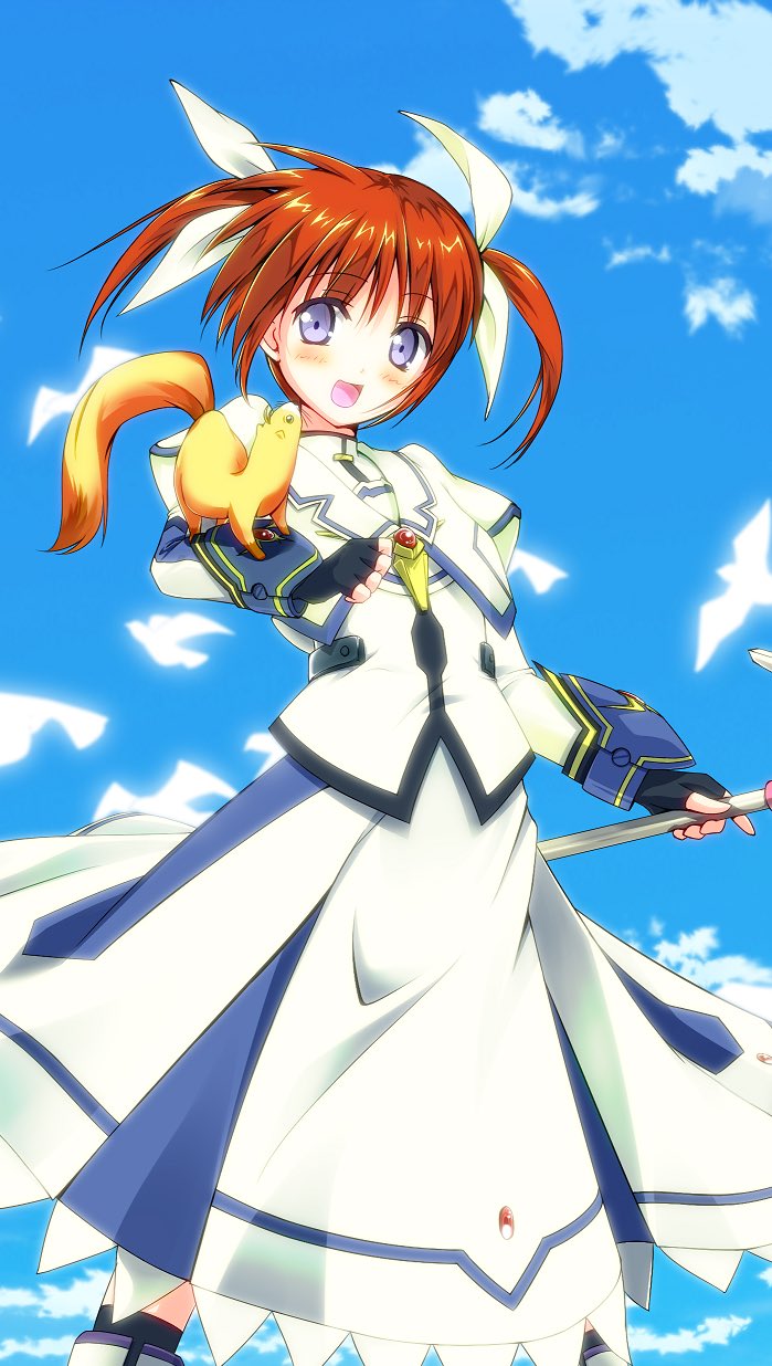 1girl bangs black_gloves blue_eyes blue_sky bracer brown_hair clouds cloudy_sky commentary_request cropped_jacket day dress eyebrows_visible_through_hair ferret fingerless_gloves gloves hair_ribbon hajime_kazuhito highres holding holding_staff jacket juliet_sleeves long_dress long_sleeves looking_at_viewer lyrical_nanoha magical_girl mahou_shoujo_lyrical_nanoha mahou_shoujo_lyrical_nanoha_the_movie_1st open_mouth outdoors puffy_sleeves raising_heart ribbon short_hair sky smile staff standing twintails white_dress white_jacket white_ribbon yuuno_scrya