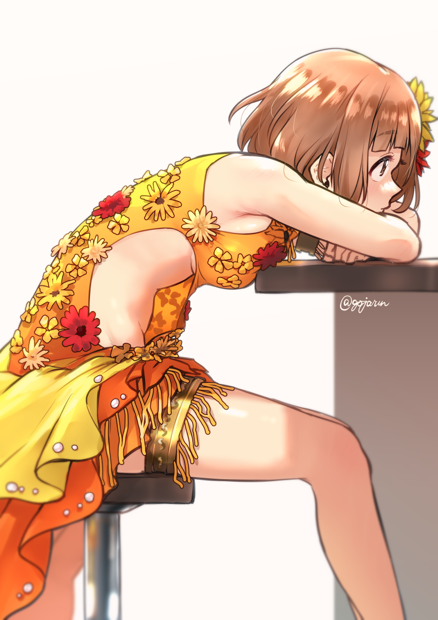 1girl bangs bar_stool breast_press breasts brown_eyes brown_hair counter flower from_side gojarun hair_flower hair_ornament highres idolmaster idolmaster_cinderella_girls kitami_yuzu large_breasts short_hair side_cutout sideboob sitting solo stool