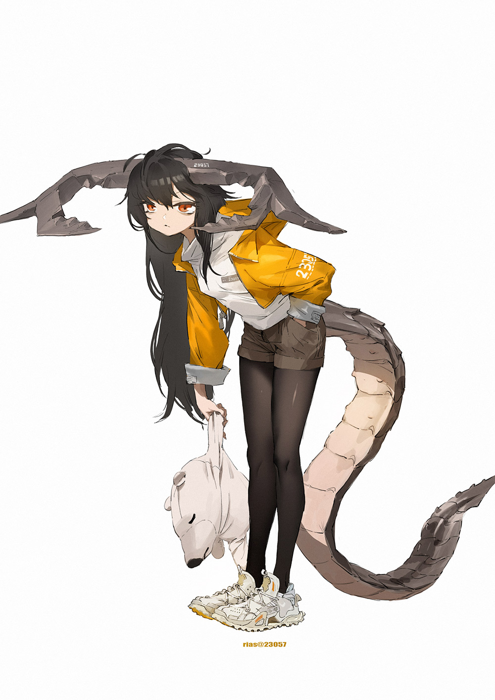 1girl black_hair commentary_request full_body hand_in_pocket highres holding holding_stuffed_toy horns jacket leaning_forward legwear_under_shorts long_hair orange_eyes original pantyhose rias-coast shoes shorts sneakers solo stuffed_animal stuffed_toy tail white_background yellow_jacket