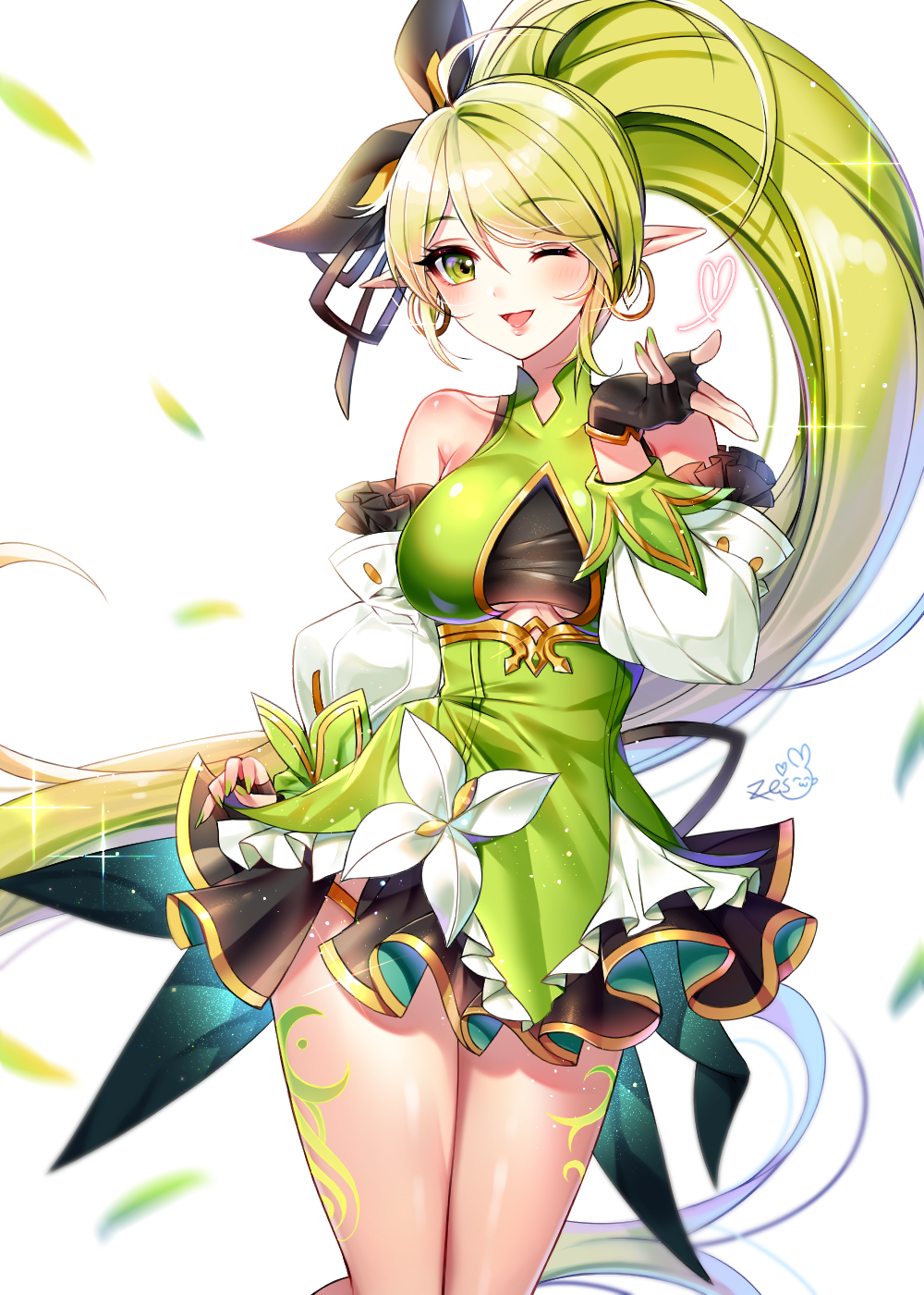 1girl ;d ahoge anemos_(elsword) black_bow black_gloves black_skirt bow breasts cowboy_shot detached_sleeves earrings elsword fingerless_gloves fingernails gloves green_eyes green_hair green_nails hair_bow heart highres hoop_earrings jewelry large_breasts long_hair looking_at_viewer one_eye_closed open_mouth pointy_ears ponytail puffy_sleeves rena_erindel signature simple_background skirt smile solo standing under_boob white_background white_sleeves xes_(xes_5377)