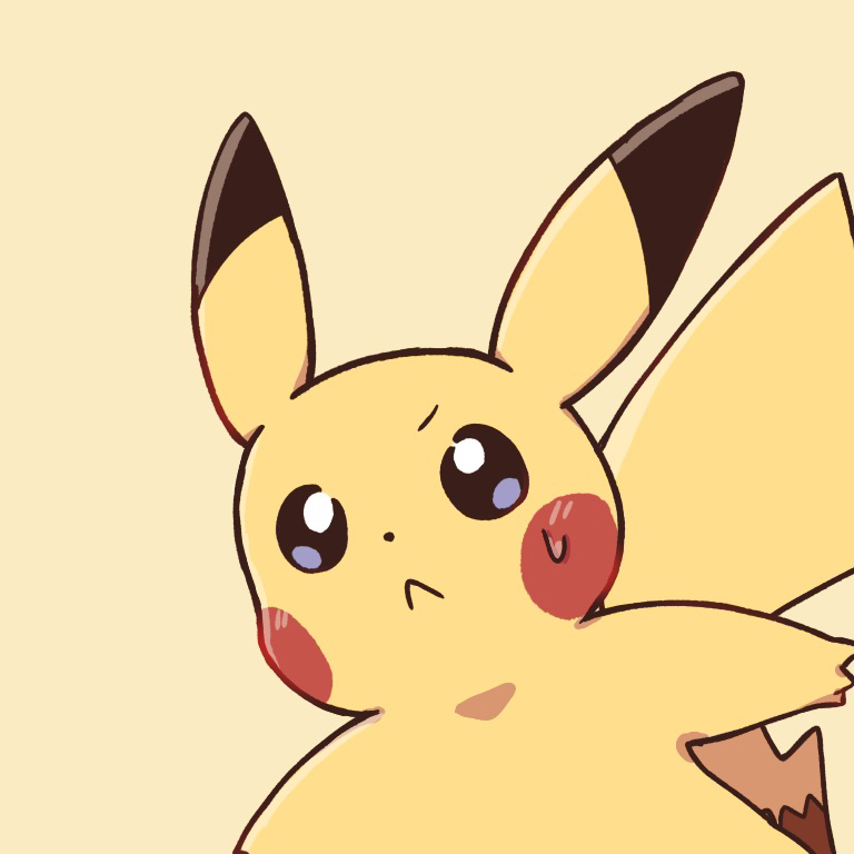 :&lt; animal_focus black_sclera blush blush_stickers closed_mouth colored_sclera commentary_request gen_1_pokemon light_blush looking_up nervous no_humans pikachu pokemon pokemon_(creature) ronen simple_background solo standing sweat upper_body white_eyes yellow_background yellow_theme