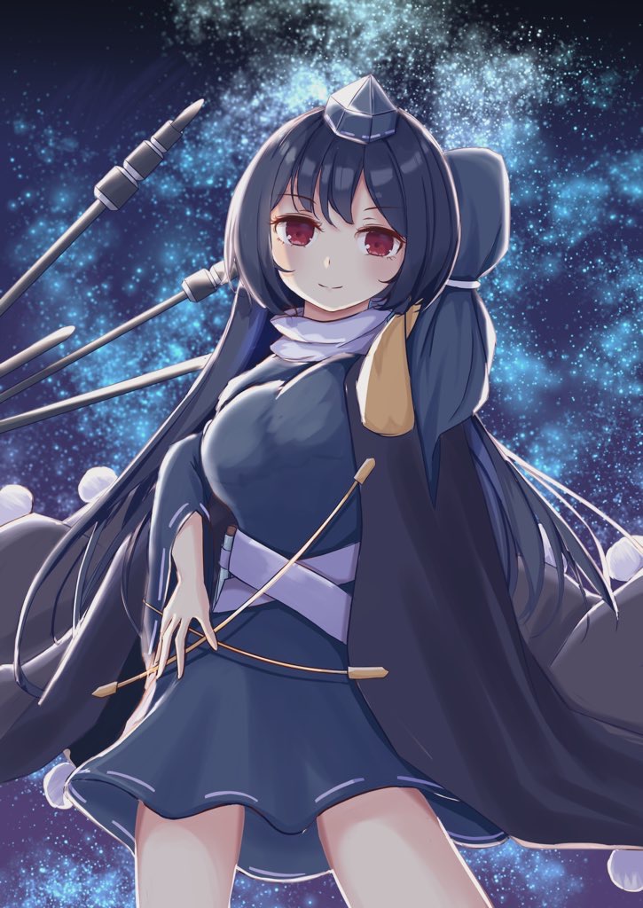 1girl aqpaca arm_behind_head arm_up bangs blue_dress blue_headwear blush breasts closed_mouth commentary_request contrapposto cowboy_shot dark_blue_hair dress eyebrows_visible_through_hair hat iizunamaru_megumu large_breasts long_hair long_sleeves looking_at_viewer night night_sky pom_pom_(clothes) red_eyes sky smile solo star_(sky) starry_sky tokin_hat touhou tripod turtleneck very_long_hair