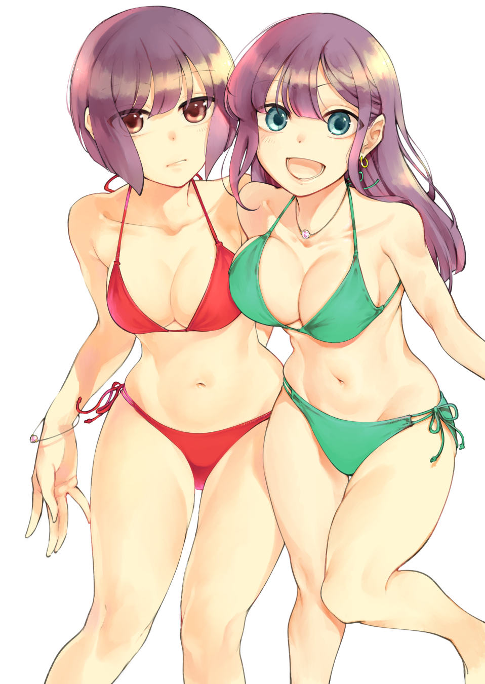 2girls :d bangs bikini blue_eyes blush bob_cut bracelet breasts collarbone earrings expressionless eyebrows_visible_through_hair green_bikini halterneck hand_on_another's_back highres hoop_earrings inaba_makoto jewelry long_hair looking_at_viewer medium_breasts multi-strapped_bikini multiple_girls navel necklace open_mouth original red_bikini short_hair side-by-side side-tie_bikini simple_background smile standing swimsuit