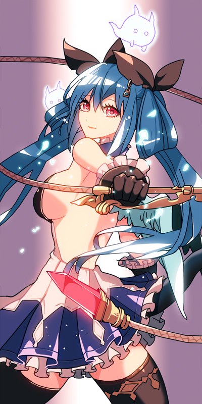 1girl angel asymmetrical_wings bangs blue_hair breasts dizzy_(guilty_gear) dog_tags ferry_(granblue_fantasy) gears granblue_fantasy guilty_gear large_breasts mature_female monster_girl nbtkm red_eyes ribbon sideboob skirt smile tail tail_ornament tail_ribbon thick_thighs thigh-highs thigh_gap thighs whip wings