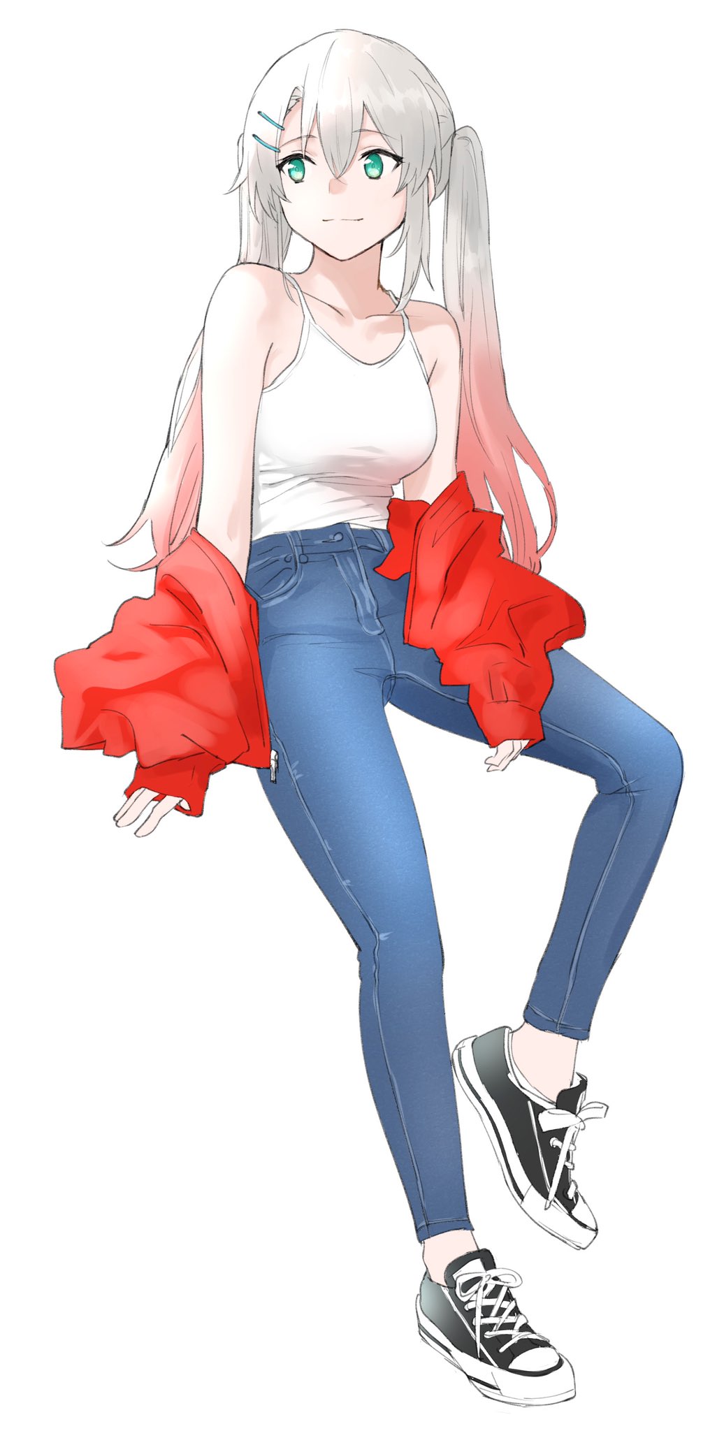 1girl bangs bare_shoulders breasts collarbone commentary_request denim full_body girls_frontline green_eyes hair_between_eyes hair_ornament hairclip highres jacket jeans long_hair lwmmg_(girls_frontline) medium_breasts multicolored_hair off_shoulder pants pink_hair red_jacket shinoe_nun shirt shoes smile sneakers solo spaghetti_strap twintails white_background white_hair white_shirt