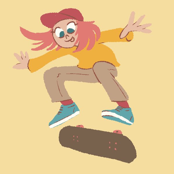 1girl :p blue_eyes brown_pants english_commentary long_sleeves looking_down medium_hair no_lineart original pants pink_hair pink_legwear red_headwear shirt simple_background skateboard skateboarding smile socks solo tongue tongue_out truffleduster yellow_background yellow_shirt