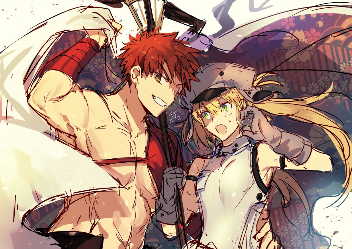 1boy 1girl artoria_pendragon_(all) artoria_pendragon_(caster)_(fate) blonde_hair brown_eyes emiya_shirou fate/grand_order fate_(series) floral_print gloves green_eyes grey_gloves grey_headwear grin hands_on_another's_waist hat holding holding_cloth holding_staff limited/zero_over looking_at_another looking_at_viewer nikame open_mouth redhead sengo_muramasa_(fate) sketch smile staff sweatdrop toned toned_male wristband