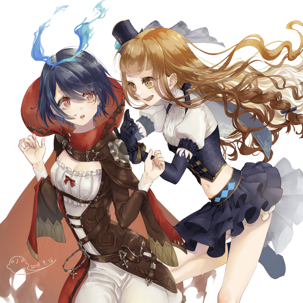 2girls :d :o alice_(sinoalice) alice_(sinoalice)_(cosplay) bangs blonde_hair blue_gloves blue_headwear blue_sky cosplay elbow_gloves gloves hair_between_eyes hands_on_another's_shoulders hat headband little_red_riding_hood_(sinoalice) little_red_riding_hood_(sinoalice)_(cosplay) long_hair long_sleeves looking_at_another multiple_girls navel ojo_aa open_mouth red_hood redhead short_hair short_sleeves sinoalice sky smile wavy_hair yellow_eyes