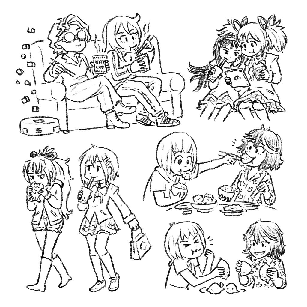 6+girls :t akemi_homura animal_print bag boots bow bowl bubble_tea bunny_print character_request chopsticks couch couple crossed_legs cup eating english_commentary feeding food fruit goggles hair_bow hair_ornament hairclip holding holding_chopsticks holding_cup holding_tablet_pc kaname_madoka kill_la_kill knee_boots lemon lineart little_witch_academia long_hair long_sleeves mahou_shoujo_madoka_magica mankanshoku_mako matoi_ryuuko mitakihara_school_uniform multiple_girls noodles on_couch pants pleated_skirt puckered_lips ramen rice rice_bowl sailor_collar school_uniform shopping_bag short_hair short_sleeves sitting skirt standing steam table tablet_pc taiyaki truffleduster twintails wagashi yuri