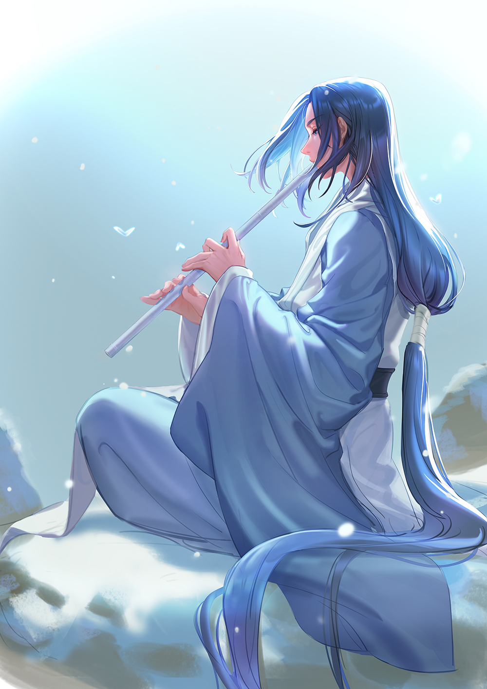1boy black_hair blue_eyes bug butterfly full_body half-closed_eyes highres insect instrument long_hair long_sleeves low-tied_long_hair music playing_instrument profile sitting solo suncle the_legend_of_luo_xiaohei very_long_hair wide_sleeves wuxian_(the_legend_of_luoxiaohei)