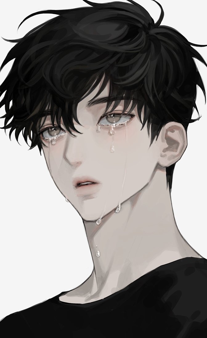 1boy black_hair black_shirt brown_hair crying crying_with_eyes_open eriol_s2 eyebrows_visible_through_hair face lips looking_away male_focus original parted_lips portrait shirt short_hair simple_background solo tears very_short_hair white_background