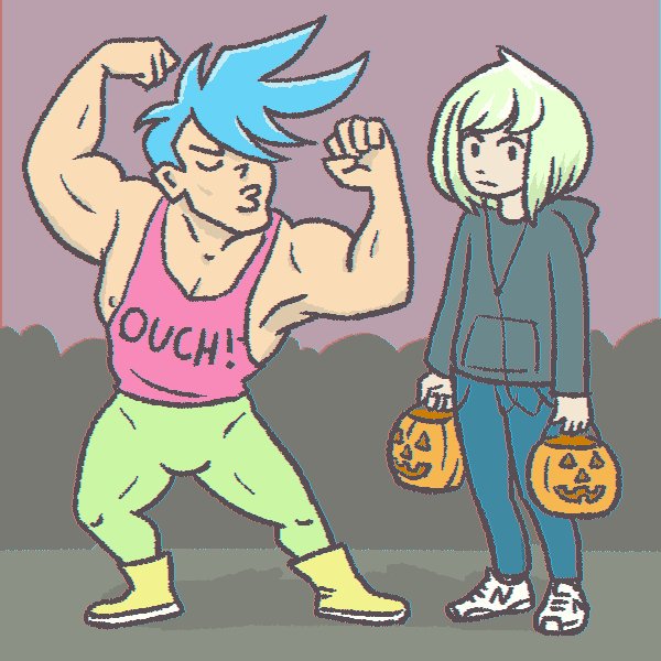2boys :3 ahoge arms_at_sides black_hoodie blue_hair blue_pants boots closed_eyes closed_mouth clothes_writing denim english_commentary flexing galo_thymos green_hair green_pants headphones holding_jack-o'-lantern hood hoodie jack-o'-lantern jeans lio_fotia long_sleeves looking_at_viewer meme multiple_boys muscular nike pants pink_tank_top pose promare short_hair standing tank_top trick_or_treat truffleduster virgin_vs_chad white_footwear yellow_footwear