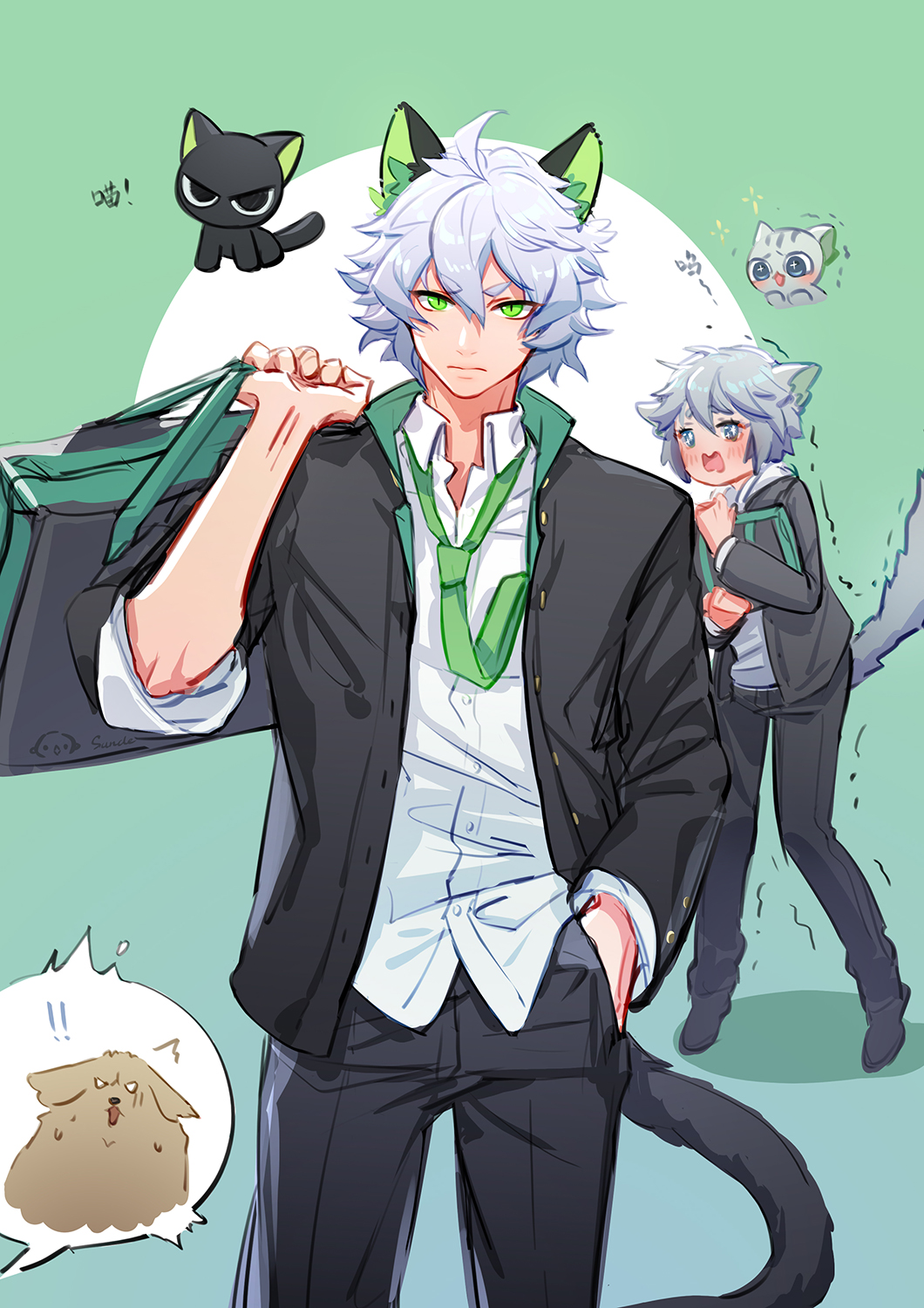 2boys animal_ears bag black_cat black_jacket black_pants blue_eyes cat cat_boy cat_ears cat_tail collared_shirt green_eyes green_neckwear grey_hair hair_between_eyes highres holding holding_bag huangshou_(the_legend_of_luoxiaohei) jacket long_sleeves luoxiaohei multiple_boys necktie pants shadow shaking shirt short_hair suncle tail the_legend_of_luo_xiaohei white_hair white_shirt