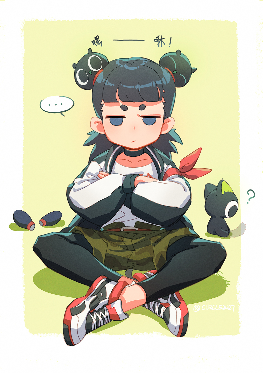 ... 2boys bangs black_cat black_hair black_legwear blunt_bangs camouflage camouflage_shorts cat crossed_arms full_body highres jacket legwear_under_shorts looking_at_viewer luoxiaohei multiple_boys nezha_(the_legend_of_luoxiaohei) shadow shirt_tucked_in shoes shorts simple_background sitting speech_bubble spoken_ellipsis suncle the_legend_of_luo_xiaohei twitter_username yellow_background