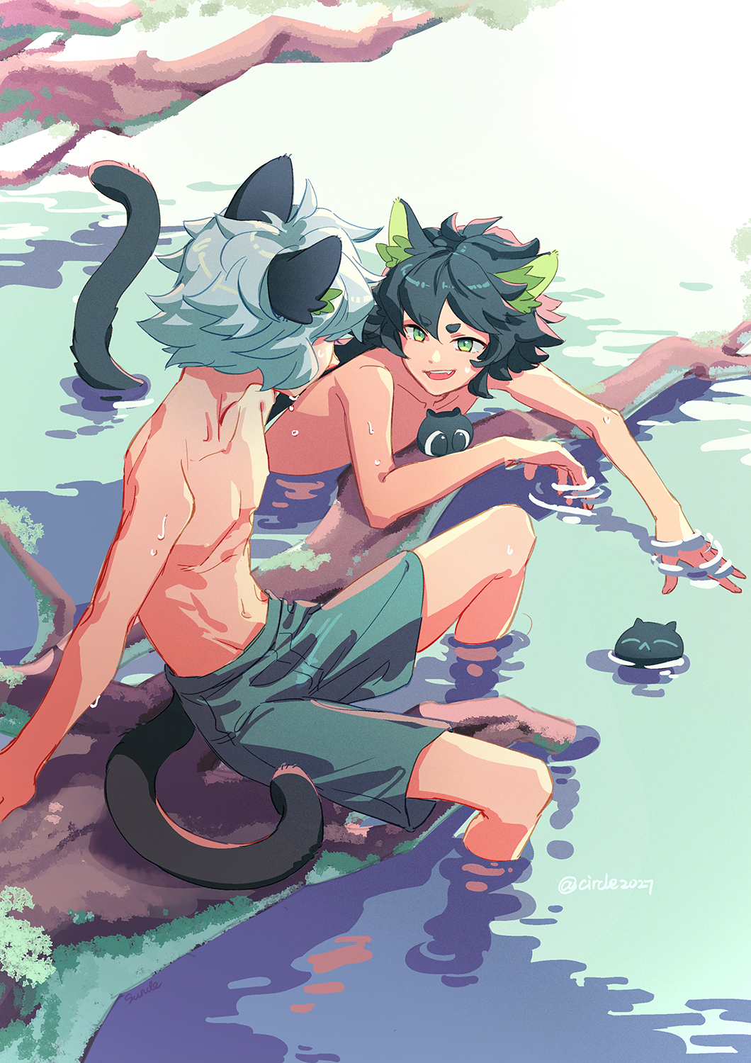 2boys animal_ears black_hair black_swimsuit black_tail branch cat_ears cat_tail green_eyes highres long_hair luoxiaohei male_swimwear multiple_boys multiple_persona open_mouth partially_submerged ripples shirtless short_hair smile soaking_feet suncle swim_trunks swimsuit tail the_legend_of_luo_xiaohei twitter_username white_hair