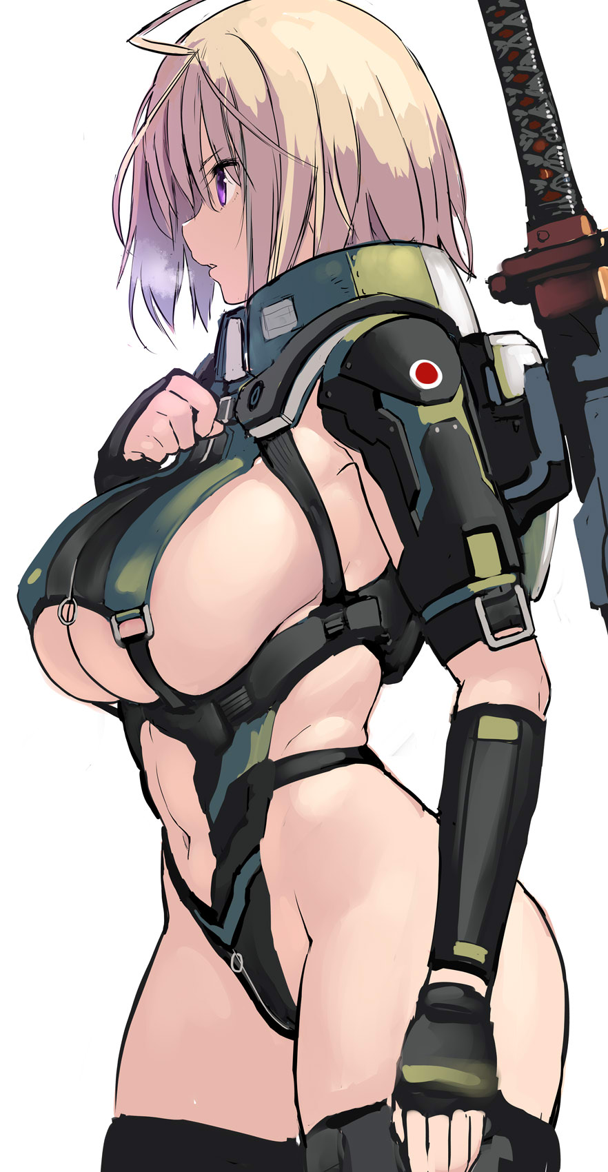 1girl ahoge bangs black_legwear blonde_hair breasts clothing_cutout elbow_gloves fingerless_gloves gloves heavy_breathing highleg highres iinuma_toshinori large_breasts navel navel_cutout open_mouth original revealing_clothes short_hair simple_background solo sword thigh-highs under_boob violet_eyes weapon white_background