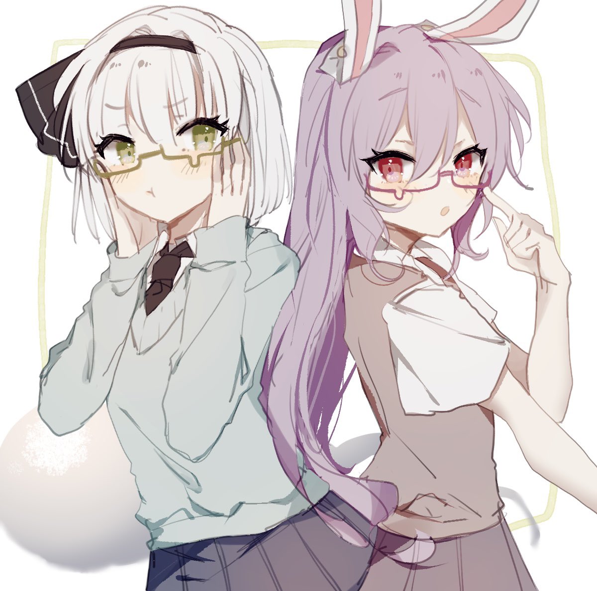 2girls :o :t alternate_costume animal_ears bangs bespectacled black_hairband black_neckwear black_ribbon blue_skirt blush bob_cut breasts closed_mouth commentary_request eyebrows_visible_through_hair from_side glasses green_eyes hair_between_eyes hair_ribbon hairband hands_on_own_cheeks hands_on_own_face hands_up hitodama konpaku_youmu konpaku_youmu_(ghost) long_hair long_sleeves looking_at_viewer medium_breasts multiple_girls necktie open_mouth pleated_skirt pout purple_hair purple_skirt purple_vest rabbit_ears red_eyes red_neckwear reisen_udongein_inaba ribbon semi-rimless_eyewear short_hair short_sleeves silver_hair simple_background skirt sorani_(kaeru0768) touhou upper_body v-shaped_eyebrows very_long_hair vest white_background wing_collar