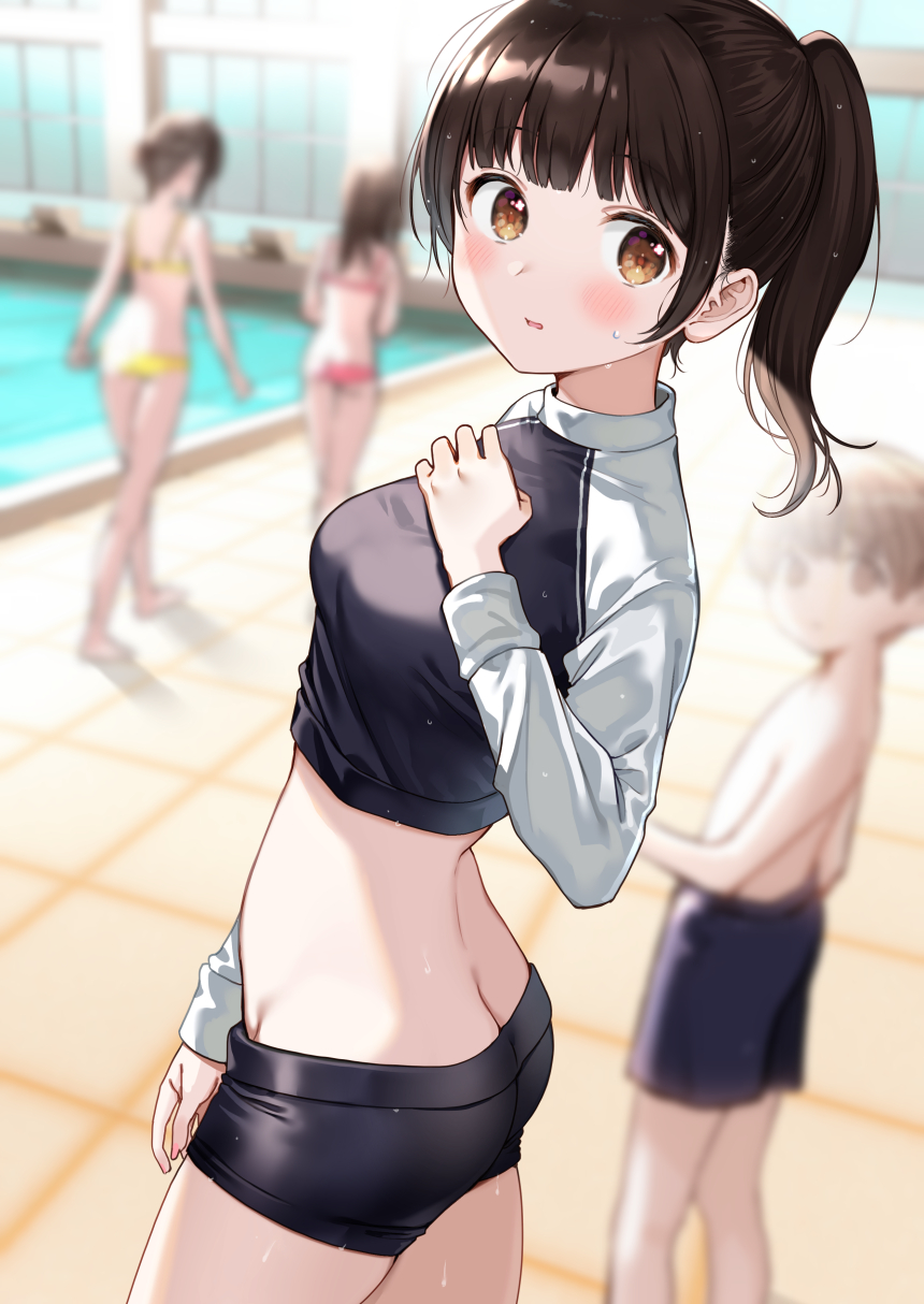 1girl ass black_hair black_shorts breasts brown_eyes cowboy_shot crop_top hand_on_own_chest hand_up highres long_hair long_sleeves looking_at_viewer looking_to_the_side male_swimwear medium_breasts midriff nishizawa original ponytail raglan_sleeves short_shorts shorts solo_focus standing swim_trunks swimsuit wet