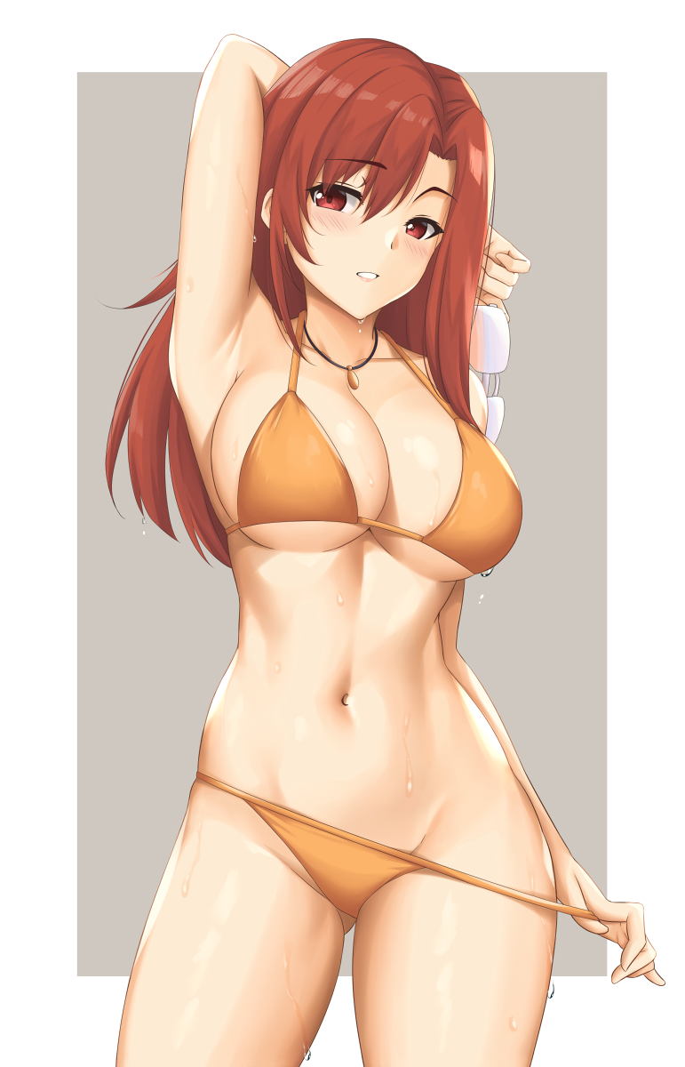 1girl aozaki_touko arciealbano arm_behind_head arm_up arms_up bangs bare_arms bikini bikini_pull blush breasts clothes_pull collarbone eyebrows_visible_through_hair glasses groin hair_between_eyes halterneck highres jewelry kara_no_kyoukai large_breasts long_hair navel necklace orange_bikini orange_swimsuit red_eyes redhead solo sweat swimsuit under_boob