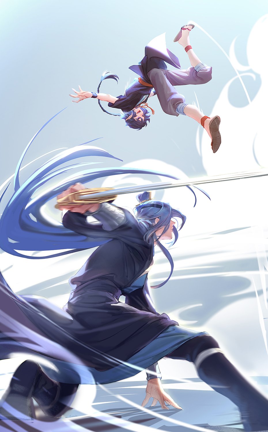 2boys black_footwear black_hair blue_hair fighting grey_pants highres holding holding_sword holding_weapon lanxi_zhen long_hair long_sleeves multiple_boys open_mouth pants pointy_ears profile sandals shoes short_sleeves smile suncle sword the_legend_of_luo_xiaohei weapon wuxian_(the_legend_of_luoxiaohei) xuan_li_(the_legend_of_luoxiaohei)