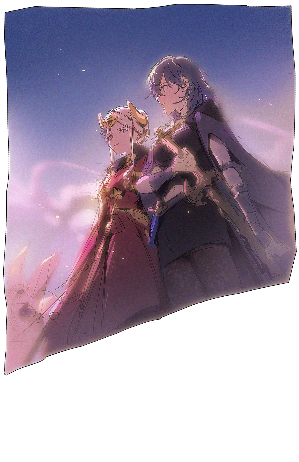 2girls bangs blue_eyes blue_hair breasts byleth_(fire_emblem) byleth_eisner_(female) cape closed_mouth edelgard_von_hresvelg fire_emblem fire_emblem:_three_houses gloves hair_ornament highres horns long_hair long_sleeves mo_(ine_mao) multiple_girls pantyhose red_cape ribbon short_hair simple_background smile violet_eyes white_hair yuri