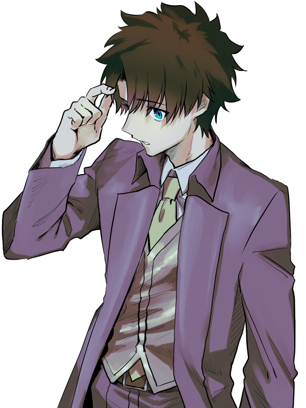 1boy alternate_costume bangs belt belt_buckle black_hair blue_eyes buckle commentary_request eyebrows_visible_through_hair eyes_visible_through_hair fate/grand_order fate_(series) fingernails formal fujimaru_ritsuka_(male) green_neckwear hair_between_eyes hand_in_hair jacket long_sleeves looking_away male_focus metarogu necktie open_clothes open_jacket pants parted_lips purple_jacket purple_pants shirt short_hair simple_background solo suit teeth upper_body vest white_background white_shirt