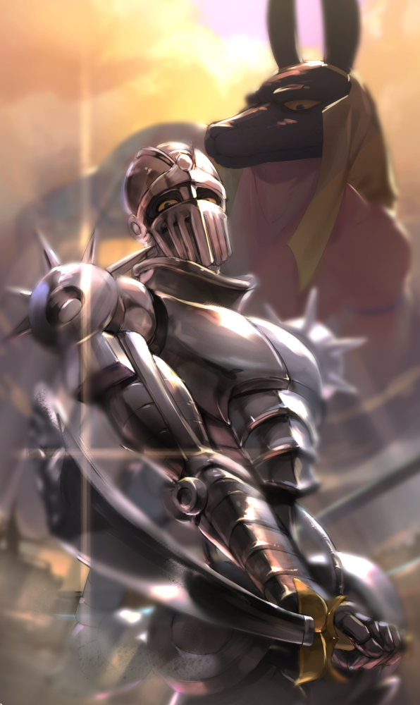 animal_ears anubis_(stand) armor at4190_(user_vzac7788) black_eyes blue_sky broken broken_sword broken_weapon closed_mouth clouds cloudy_sky dog_ears gauntlets helmet holding holding_sword holding_weapon jojo_no_kimyou_na_bouken looking_at_viewer no_humans silver_chariot sky stand_(jojo) stardust_crusaders sword weapon