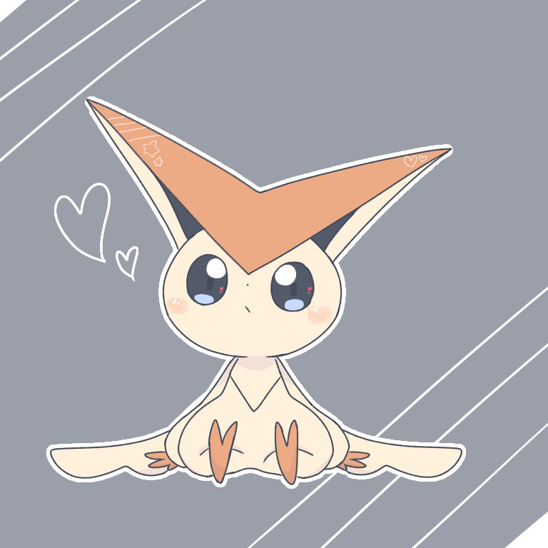 animal_focus blue_eyes blush blush_stickers closed_mouth commentary_request expressionless full_body gen_5_pokemon grey_background heart legendary_pokemon looking_at_viewer mythical_pokemon no_humans outline pokemon pokemon_(creature) ronen simple_background sitting solo star_(symbol) straight-on victini white_outline