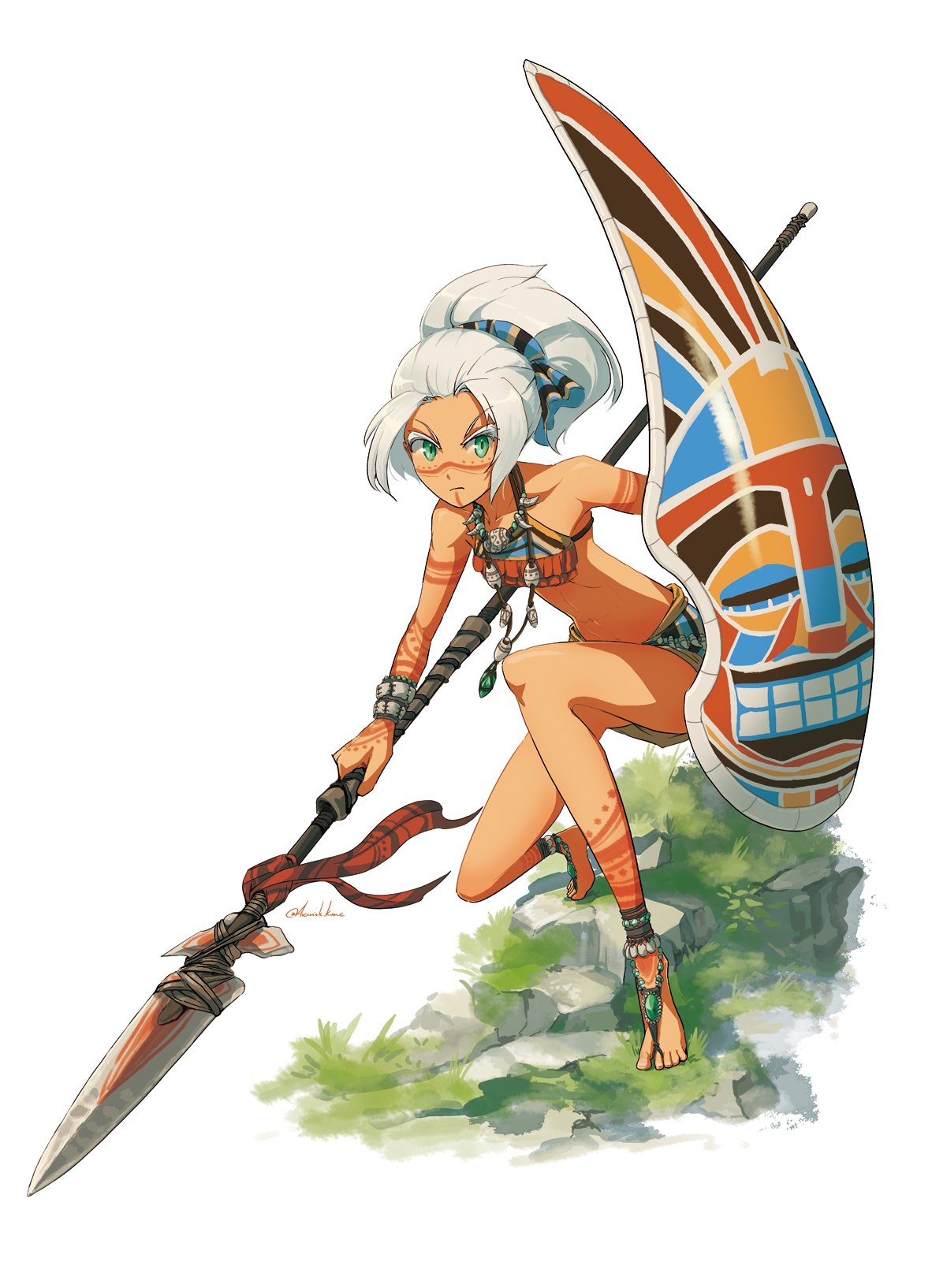 1girl artist_name asterisk_kome barefoot bikini blue_ribbon bodypaint bone_necklace bracelet closed_mouth commentary dark-skinned_female dark_skin facepaint frown grass green_eyes hair_ribbon hairband halterneck highres holding holding_polearm holding_shield holding_weapon jewelry looking_at_viewer medium_hair miniskirt navel one_knee original polearm ribbon rock shield signature simple_background skirt solo swimsuit tribal v-shaped_eyebrows weapon white_background white_hairband