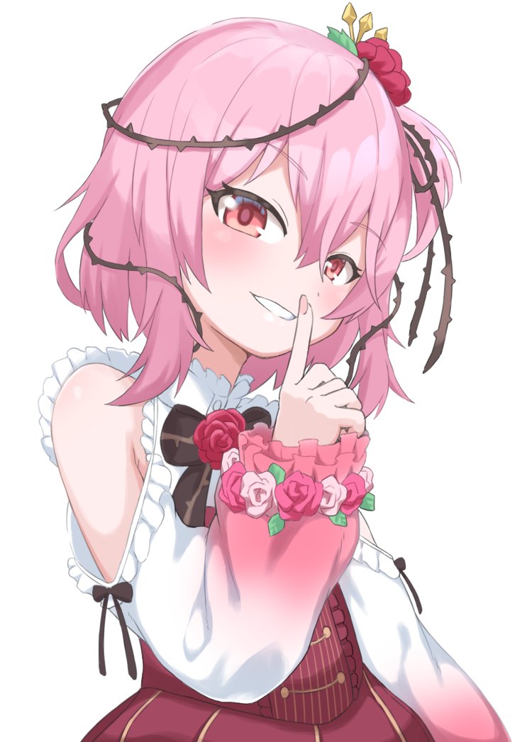 1girl bubukka eyebrows_visible_through_hair fingernails flower hair_between_eyes hair_flower hair_ornament index_finger_raised looking_at_viewer nijisanji nijisanji_en red_eyes rosemi_lovelock short_hair simple_background solo upper_body virtual_youtuber white_background