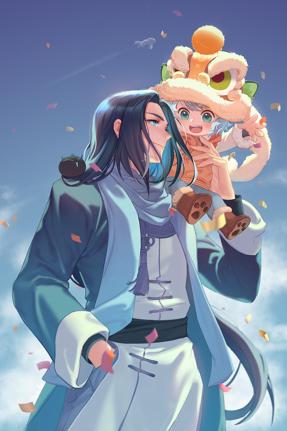 2boys age_difference animal_ears aqua_eyes black_hair blue_eyes carrying cat_ears child confetti hand_in_pocket highres long_hair long_sleeves luoxiaohei multiple_boys open_mouth profile short_hair shoulder_carry smile suncle the_legend_of_luo_xiaohei upper_body very_long_hair white_hair wuxian_(the_legend_of_luoxiaohei)
