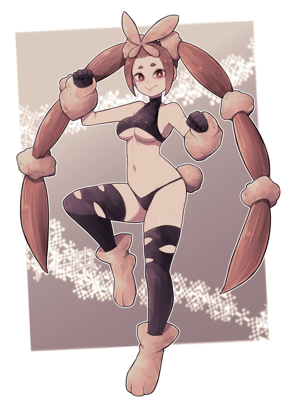 1girl bare_shoulders bikini black_bikini black_gloves breasts bright_pupils brown_hair closed_mouth full_body gen_4_pokemon gloves hands_up highres humanization lamb-oic029 long_hair looking_at_viewer lopunny medium_breasts navel paw_boots paw_pose pokemon red_eyes smile solo standing standing_on_one_leg swimsuit twintails under_boob very_long_hair white_pupils