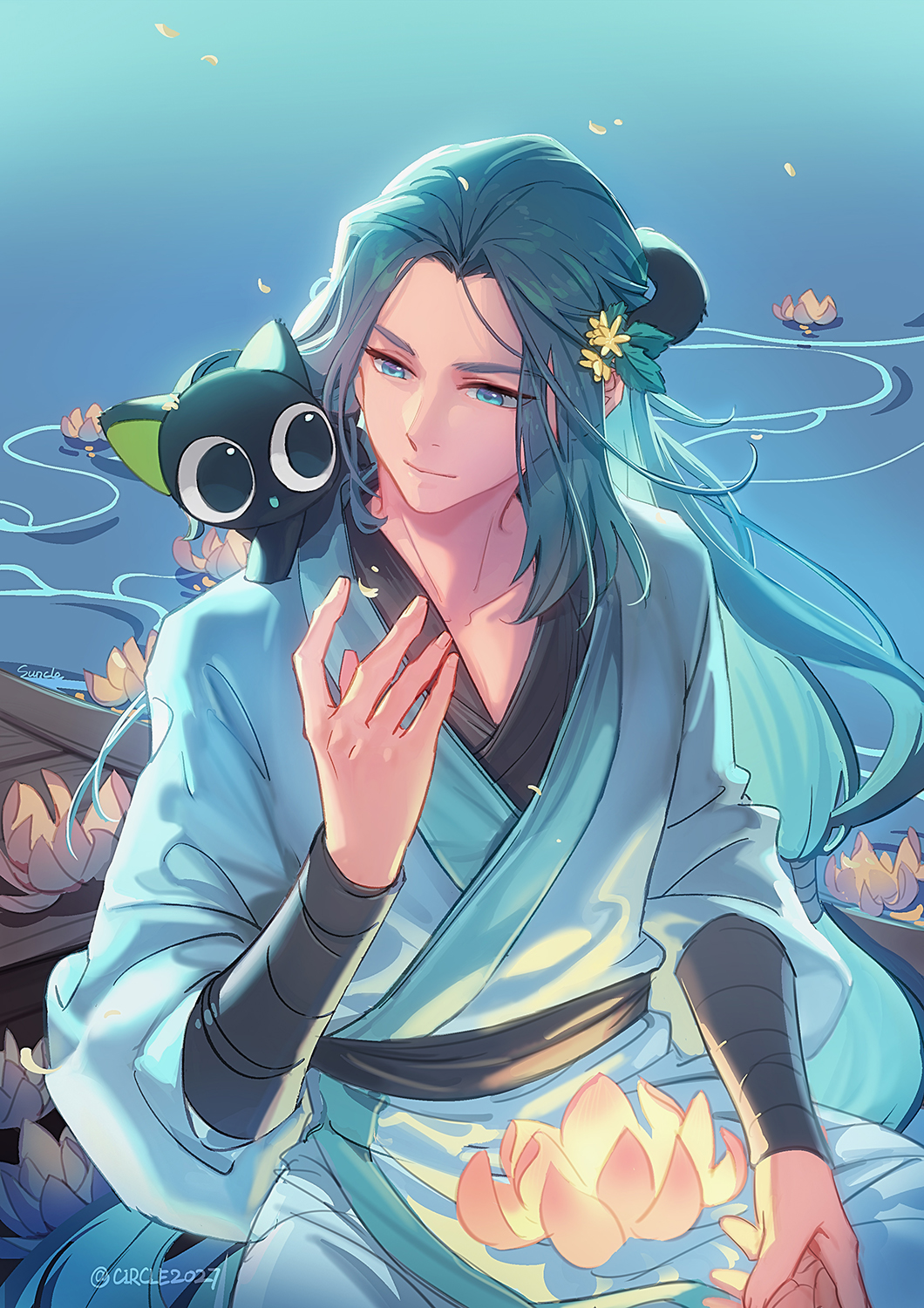 2boys animal_on_shoulder black_cat black_hair blue_eyes cat cat_on_shoulder flower glowing hair_flower hair_ornament hand_up highres leaf long_hair long_sleeves lotus luoxiaohei multiple_boys suncle the_legend_of_luo_xiaohei twitter_username upper_body very_long_hair wuxian_(the_legend_of_luoxiaohei) yellow_flower