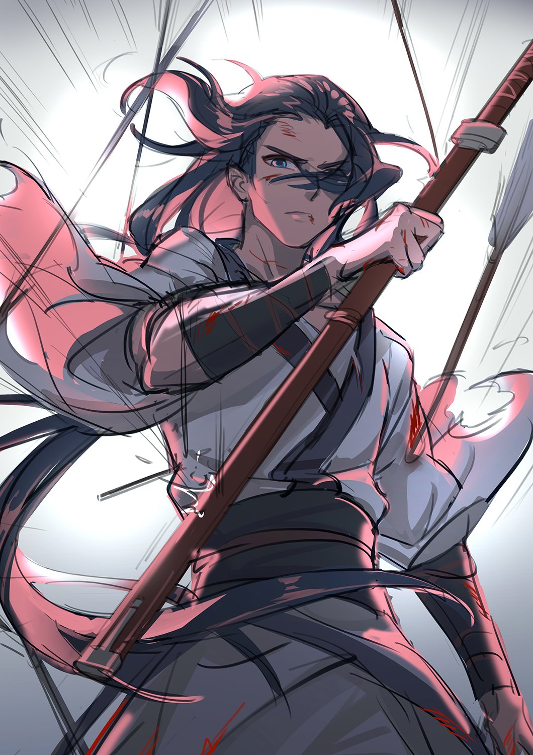 1boy arrow_(projectile) black_hair blue_eyes cowboy_shot highres holding holding_sword holding_weapon injury long_hair looking_at_viewer solo suncle sword the_legend_of_luo_xiaohei very_long_hair weapon wuxian_(the_legend_of_luoxiaohei)