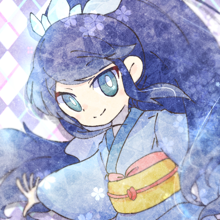 1girl aqua_eyes argyle argyle_background arm_up bangs blue_hair blue_kimono bright_pupils closed_mouth commentary_request crystal dutch_angle eyebrows_visible_through_hair flat_chest fubukihime hair_ornament happy japanese_clothes kimono long_hair long_sleeves looking_at_viewer obi outstretched_arm ponytail ronen sash sidelocks smile solo swept_bangs tied_hair upper_body very_long_hair white_pupils wide_sleeves youkai_watch