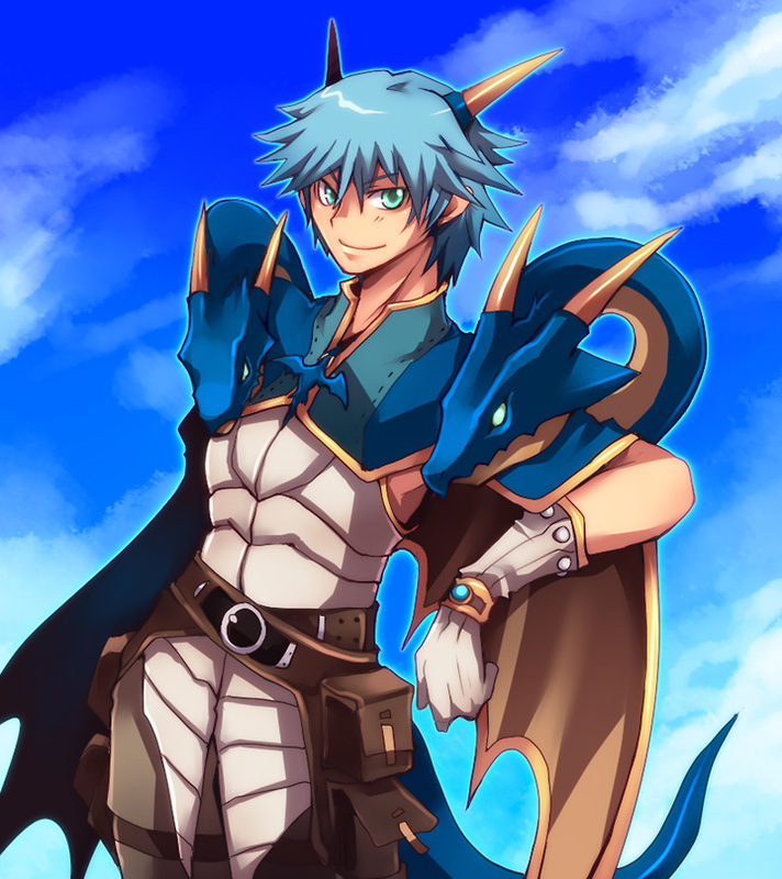 1boy bangs belt blue_hair blue_sky brown_belt brown_cape brown_pants cape character_request closed_mouth clouds commentary_request cowboy_shot creator_(ragnarok_online) crossover dragon dragon_chronicle dragon_tail emon-yu gloves green_eyes hair_between_eyes horns living_clothes looking_at_viewer pants pouch ragnarok_online shirt short_hair sky sleeveless sleeveless_shirt smile solo tail white_gloves white_shirt