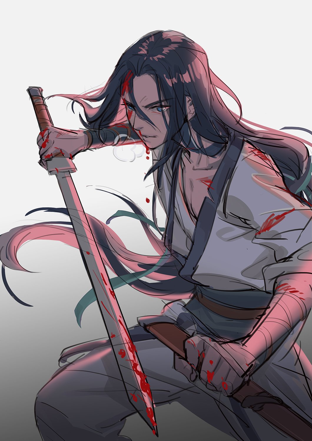 1boy black_hair blood bloody_weapon blue_eyes gradient gradient_background grey_background highres holding holding_sheath holding_sword holding_weapon long_hair looking_at_viewer parted_lips sheath solo suncle sword the_legend_of_luo_xiaohei very_long_hair weapon wuxian_(the_legend_of_luoxiaohei)