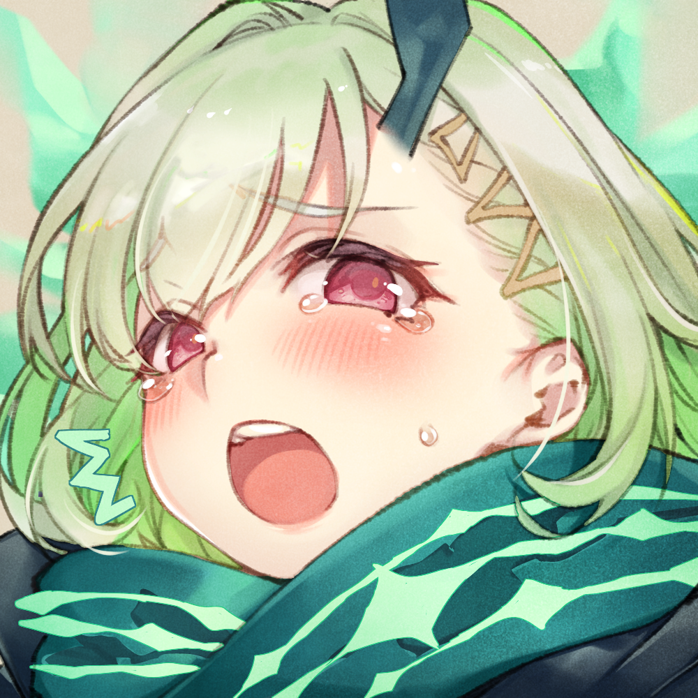 1girl :o bangs beige_background blush crying crying_with_eyes_open green_hair hair_between_eyes hair_ornament horns little_match_girl_(sinoalice) looking_at_viewer open_mouth profile red_eyes scarf short_sleeves simple_background single_horn sinoalice solo tears teroru