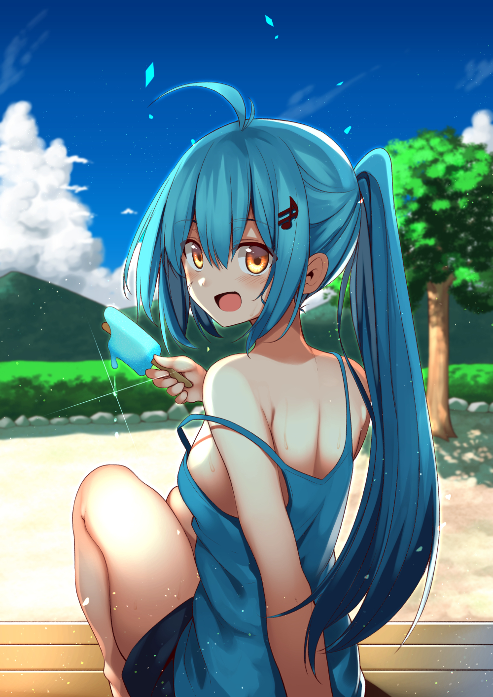 1girl :d antenna_hair arm_support bangs bare_shoulders blue_hair blue_shorts blue_sky bush camisole clouds commentary_request day eyebrows_visible_through_hair food from_behind hair_between_eyes hair_ornament highres holding holding_food knees_up long_hair looking_at_viewer looking_back mahcdai melting mountain musical_note_hair_ornament open_mouth original outdoors planol_note ponytail popsicle scar scar_on_cheek scar_on_face shorts sidelocks sitting sky smile solo strap_slip tree yellow_eyes
