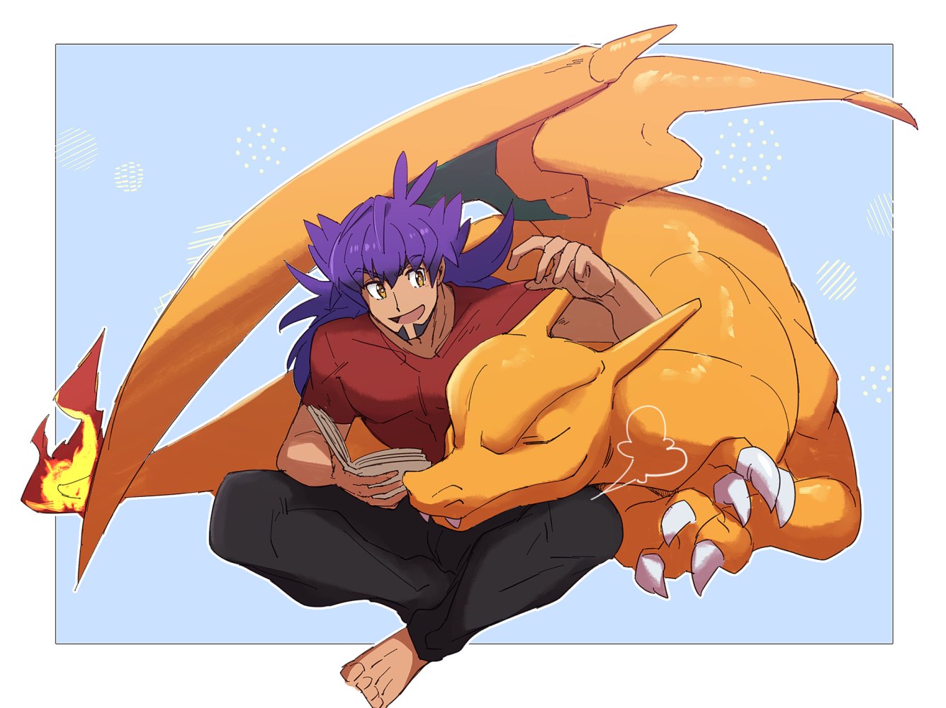 1boy alternate_costume bangs barefoot black_pants charizard claws dark-skinned_male dark_skin facial_hair fire flame gen_1_pokemon holding leon_(pokemon) long_hair male_focus morio_(poke_orio) open_mouth pants pokemon pokemon_(creature) pokemon_(game) pokemon_swsh purple_hair red_shirt shirt short_sleeves sitting smile spread_legs t-shirt toes tongue yellow_eyes