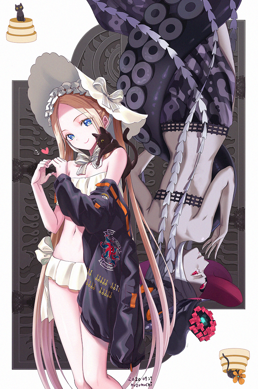 2girls abigail_williams_(fate) abigail_williams_(swimsuit_foreigner)_(fate) bangs bare_shoulders bikini black_bikini black_bow black_vs_white bow breasts collarbone colored_skin creature dated dual_persona evil_smile fate/grand_order fate_(series) grey_skin heart heart_hands highres keyhole kuzumochi_(kuzumochiya) long_hair multiple_bows multiple_girls navel orange_bow parted_bangs red_eyes sidelocks small_breasts smile swimsuit tentacles third_eye very_long_hair white_hair