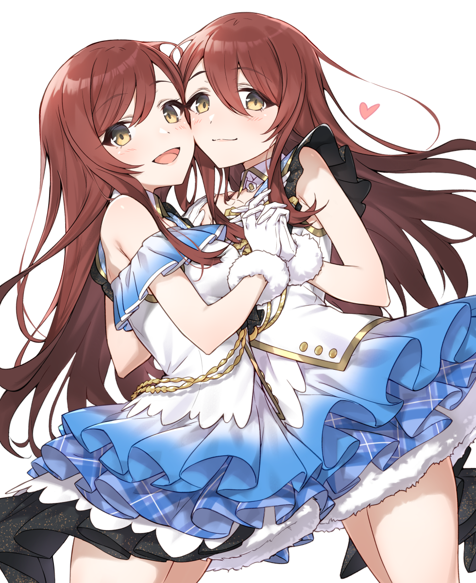 2girls :d bangs bare_shoulders blue_skirt blush breasts brown_eyes brown_hair cheek-to-cheek closed_mouth commentary_request dress eyebrows_visible_through_hair fur-trimmed_gloves fur_trim gloves hair_between_eyes hayashi_kewi heart highres holding_hands idolmaster idolmaster_shiny_colors interlocked_fingers long_hair looking_at_viewer medium_breasts multiple_girls off-shoulder_dress off_shoulder oosaki_amana oosaki_tenka open_mouth siblings simple_background sisters skirt smile thighs twins very_long_hair white_background white_dress white_gloves yellow_eyes