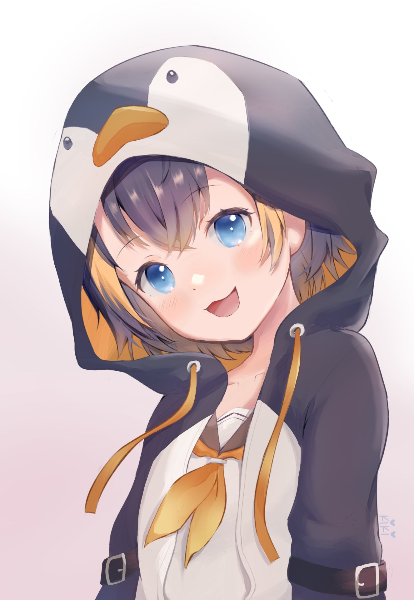 1girl animal_hood bangs black_hoodie blonde_hair blue_eyes brown_hair english_commentary eyebrows_visible_through_hair flat_chest hair_behind_ear head_tilt highres hood hoodie kiki_cheesu_(artist) looking_at_viewer multicolored_hair nijisanji nijisanji_en penguin_hood petra_gurin sailor_collar smile solo streaked_hair two-tone_hoodie upper_body virtual_youtuber white_hoodie