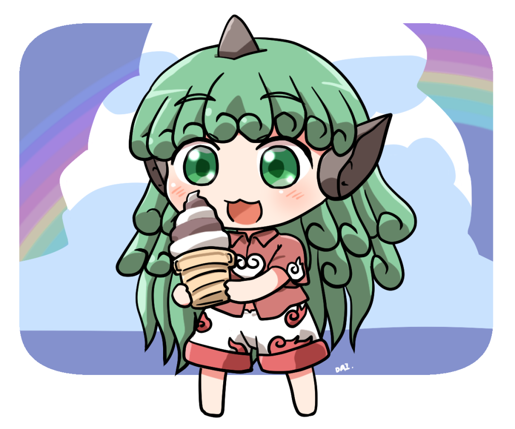 1girl artist_name bangs bare_shoulders blue_sky blush chibi clouds cloudy_sky collar eyebrows_visible_through_hair food green_eyes green_hair hands_up horns ice_cream komano_aunn long_hair open_mouth rainbow red_collar red_shirt red_sleeves rokugou_daisuke shirt short_sleeves shorts sky smile solo standing touhou white_shorts