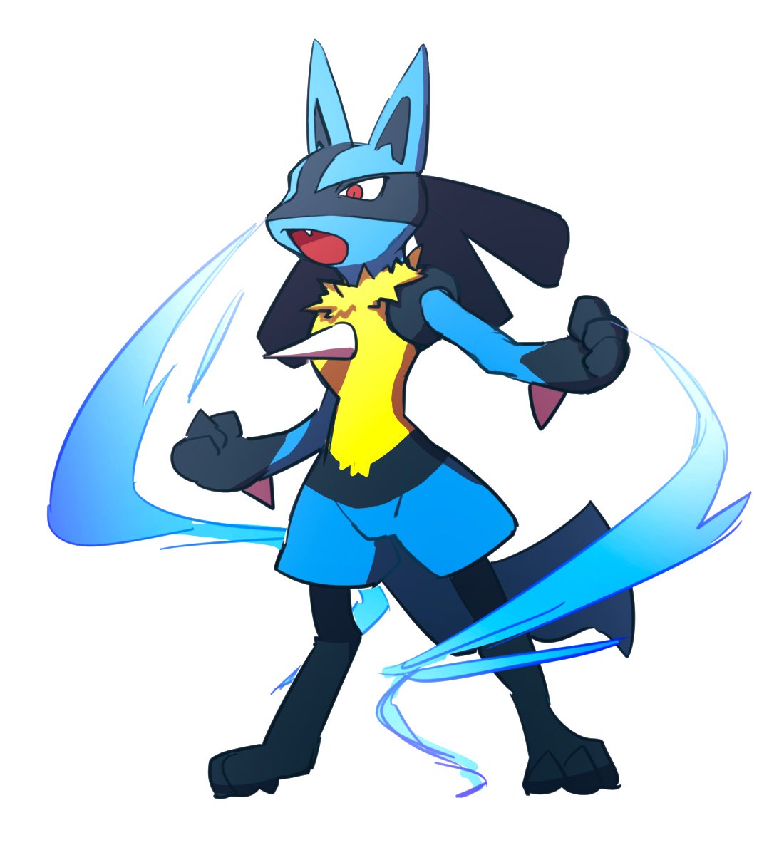 commentary_request energy fang full_body furry gen_4_pokemon grey_background highres lucario morio_(poke_orio) open_mouth pokemon pokemon_(creature) red_eyes simple_background solo spikes standing toes tongue yellow_fur