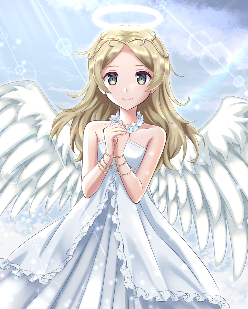 1girl alternate_costume angel angel_wings bare_shoulders blonde_hair bracelet clouds cloudy_sky dress fire_emblem fire_emblem_awakening hair_down hair_ornament halo hands_together jewelry kakiko210 lissa_(fire_emblem) long_hair looking_at_viewer sky smile solo white_dress wings yellow_eyes