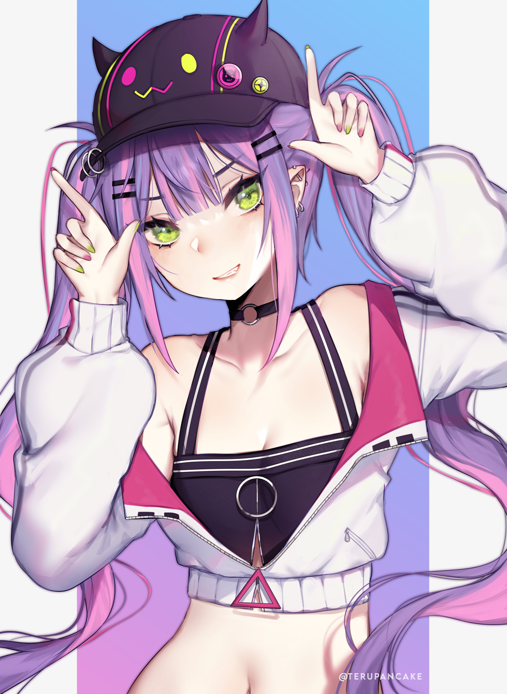 1girl bangs baseball_cap black_choker black_headwear breasts choker collarbone commentary crop_top cropped_jacket ear_piercing green_eyes green_nails grin hair_between_eyes hair_ornament hairclip hands_up hat highres hololive horned_headwear horns_pose jacket long_hair long_sleeves looking_at_viewer midriff multicolored multicolored_hair multicolored_nails nail_polish navel o-ring o-ring_choker piercing pink_hair pink_nails pointy_ears purple_hair simple_background small_breasts smile solo streaked_hair terupancake tokoyami_towa twintails twitter_username two-tone_hair upper_body virtual_youtuber white_jacket
