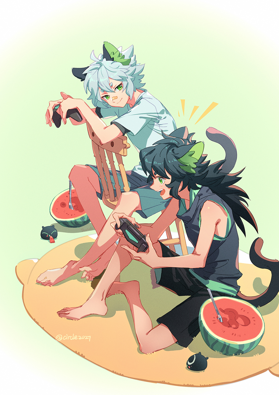 2boys animal_ears bandaid bandaid_on_nose barefoot black_hair black_shirt black_shorts cat_boy cat_ears cat_tail chair controller food fruit game_controller green_eyes grey_shorts highres long_hair luoxiaohei multiple_boys multiple_persona open_mouth profile shadow shirt short_hair short_sleeves shorts sitting sleeveless sleeveless_shirt smile suncle tail the_legend_of_luo_xiaohei twitter_username watermelon white_hair white_shirt