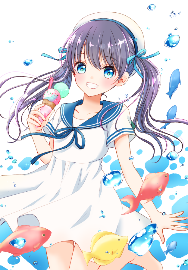 1girl :d bangs blue_eyes blue_neckwear blue_ribbon collarbone commentary dress eyebrows_visible_through_hair fish food hair_ribbon holding holding_food ice_cream long_hair looking_at_viewer neckerchief open_mouth original purple_hair ribbon short_sleeves smile solo tiramisu651 twintails white_dress white_headwear