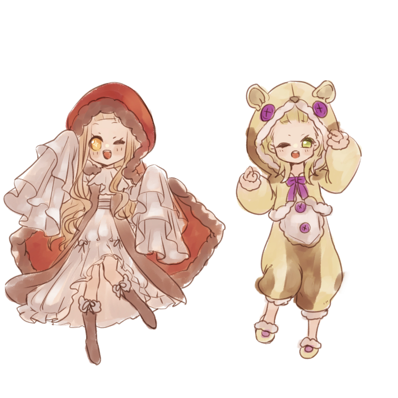 2girls :d :o animal_ears animal_hood bangs bear_ears blonde_hair boots briar_rose_(sinoalice) brown_footwear full_body green_eyes hair_between_eyes hood little_red_riding_hood_(sinoalice) long_hair long_sleeves multiple_girls nightgown ojo_aa one_eye_closed onesie open_mouth pajamas red_hood short_hair simple_background sinoalice slippers smile teeth white_background yellow_eyes yellow_hood younger